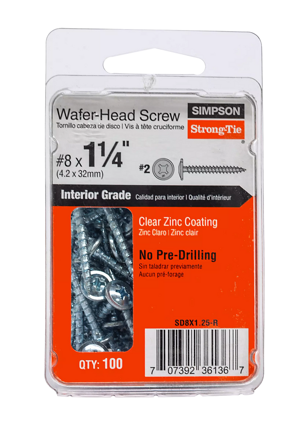 Simpson SD8X1.25-R Wafer-Head Screw — #8 x 1-1/4 in. #2 Phillips, Clear Zinc Coating 100-Qty