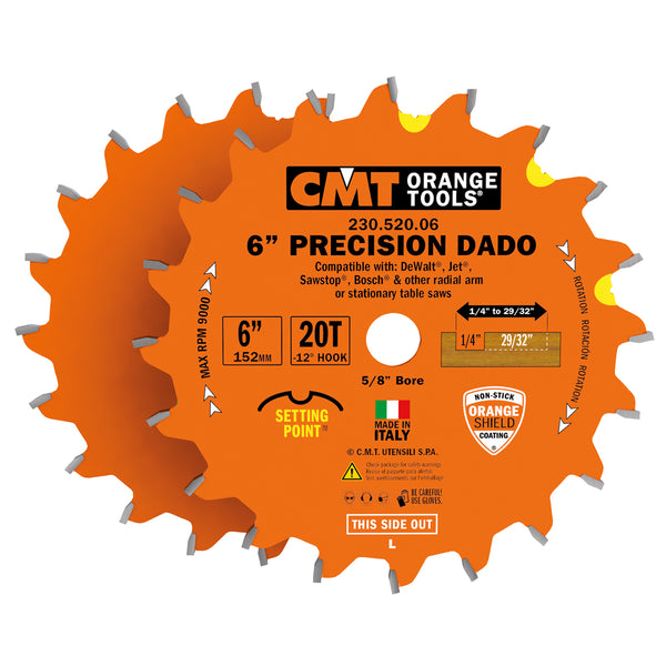 CMT Orange Tools 230.520.06 PRECISION DADO 6’’x1/4” to 29/32”x5/8’’  T=20 FLAT+ATB (-12° NEG)