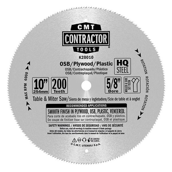 CMT Orange Tools K20010 ITK CONTRACTOR Finish for Plywood 10’’x0.095”/0.071”x5/8” <>  T=200