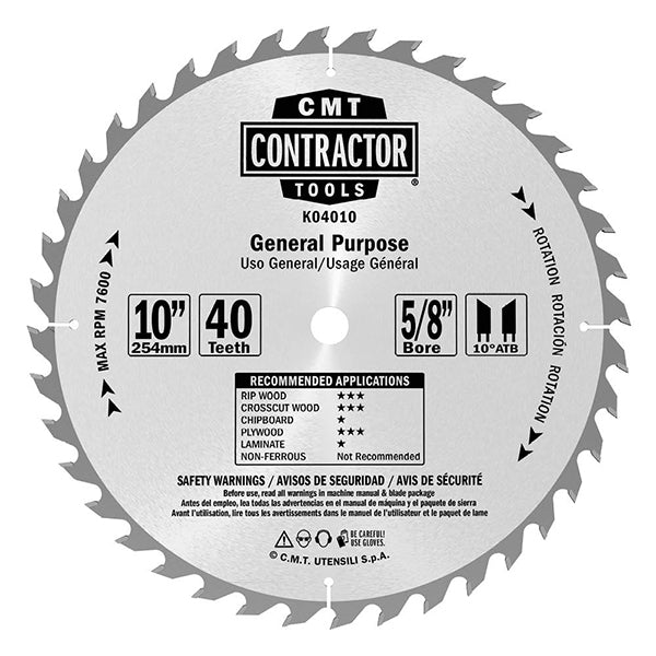 CMT Orange Tools K04010 ITK CONTRACTOR GENERAL PURPOSE 10’’x0.094”/0.063”x5/8”  T=40 ATB