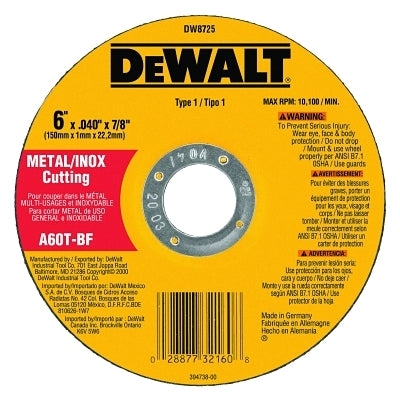 DeWalt DW8725 6"X.040"X7/8" A60T METALTHIN CUTOFF WHEEL TYPE1