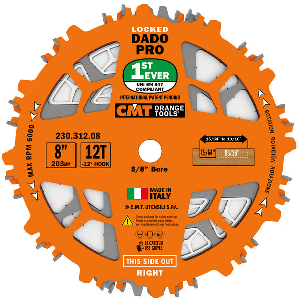 CMT Orange Tools 230.312.08 LOCKED DADO PRO 8’’x15/64” to 13/16”x5/8’’   T=12 FLAT+ATB (-12° NEG)