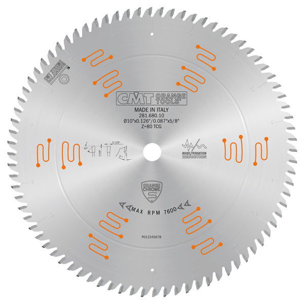 CMT Orange Tools 281.680.10 SINGLE-SIDED - LAMINATE & MELAMINE 10’’x0.126”/0.087”x5/8’’  T=80 TCG