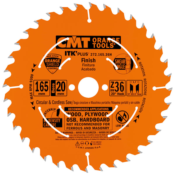 CMT Orange Tools 272.165.36H FINISH 6-1/2”x0.067”/0.043”x20mm (+5/8”)  T=36 ATB+SHEAR