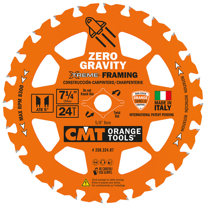 CMT Orange Tool 250.324.07 FRAMING ZERO GRAVITY 7-1/4”x0.070”/0.048”x5/8”