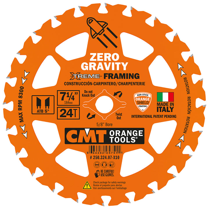 CMT Orange Tools 250.324.07-X10 FRAMING ZERO GRAVITY 7-1/4”x5/8”<> T=24 ATB 10-PCS. BULK MASTERPACK