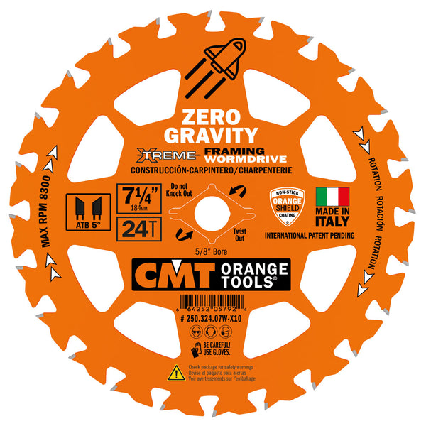 CMT Orange Tools 250.324.07W-X10 FRAMING ZERO GRAVITY 7-1/4”x5/8”<>  T=24 ATB (10-PCS. BULK MASTERPACK)