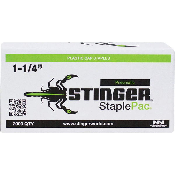 Cap Staples, 1-1/4" StaplePac, 1" Caps, 7/16" Crown Staples 18ga (2000 ct), for use with CS150B Pneumatic Cap Stapler, STINGER 0136074