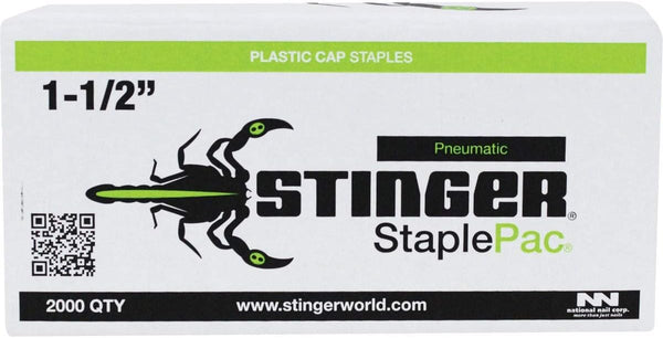 Cap Staples, 1-1/2" StaplePac, 1" Caps, 7/16" Crown Staples 18ga (2000 ct), for use with CS150B Pneumatic Cap Stapler, STINGER 0136094