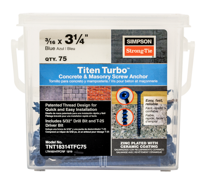 Simpson TNT18314TF Titen Turbo — 3/16 in. x 3-1/4 in. 6-Lobe Flat-Head Concrete and Masonry Screw, Blue 100-Qty