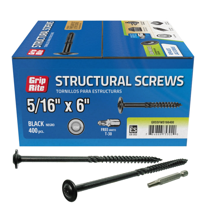 GRSSFW5166400-GRIP-RITE 5/16 X 6" PRIMEGUARD PLUS COATED T-30 STAR DRIVE WASHER HEAD COARSE THREAD TYPE 17 POINT STRUCTURAL SCREW 400 COUNT