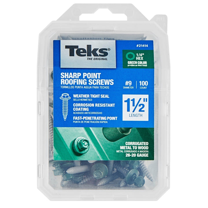 Teks 21414 #9 x 1-1/2" HEX WASHER HEAD SHARP PT METAL-TO-WOOD GREEN ROOFING SCREWS 100CT