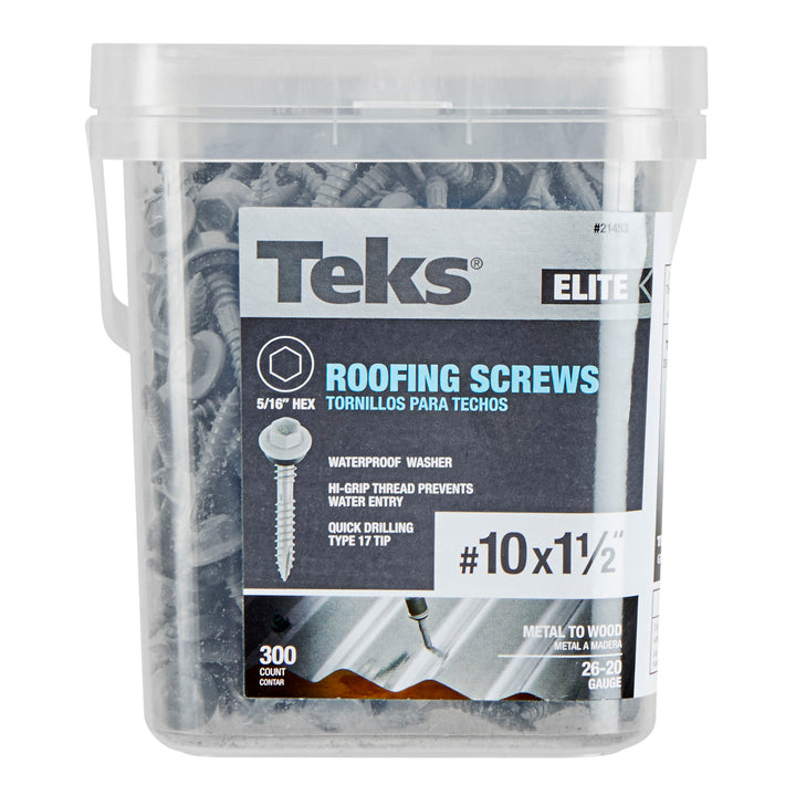 Teks 21453 #10 x 1-1/2” HEX WASHER HEAD SHARP PT METAL-TO-WOOD ELITE ROOFING SCREWS 300CT