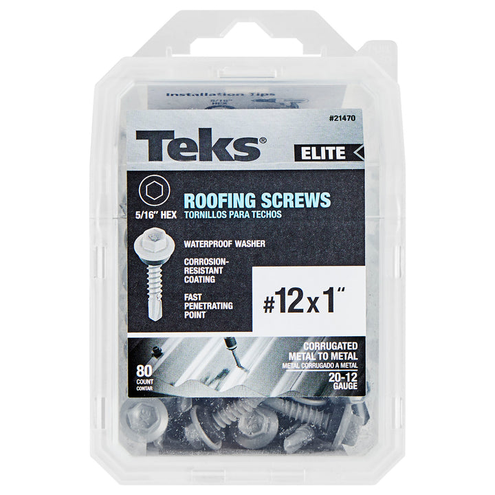 Teks 21470 #12 x 1” HEX WASHER HEAD DRILL PT METAL-TO-WOOD ELITE ROOFING SCREWS 80CT