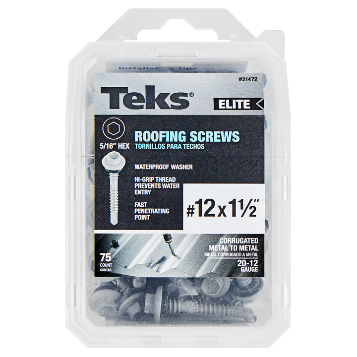 Teks 21472 #12 x 1-1/2” HEX WASHER HEAD DRILL PT METAL-TO-WOOD ELITE ROOFING SCREWS 75CT