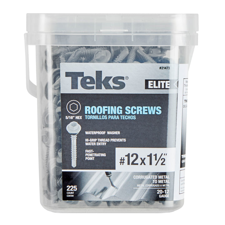 Teks 21473 #12 x 1-1/2” HEX WASHER HEAD DRILL PT METAL-TO-WOOD ELITE ROOFING SCREWS 225CT