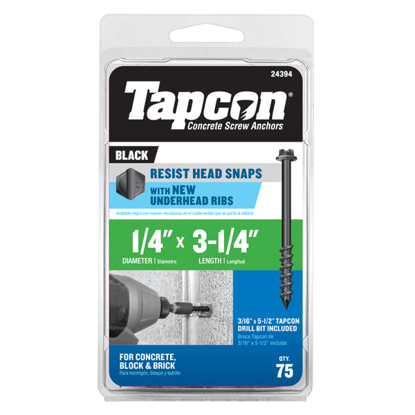 Tapcon 24394 1/4" X 3-1/4" HEX HEAD BLACK SCREW ANCHOR 75CT