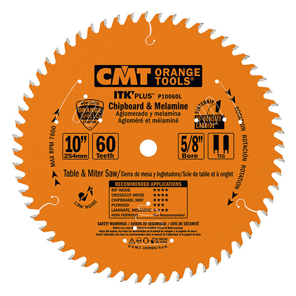 CMT Orange Tools P10060L ITK-PLUS CHIPBOARD & MELAMINE 10”x0.094”x0.063”x5/8”  T=60 TCG