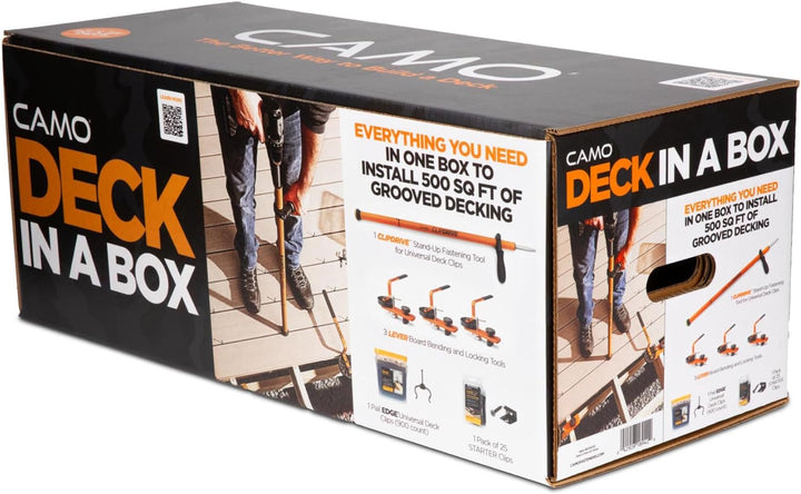 Camo Deck in a Box Hidden Deck Fastener Kit for Composite Decking, 500 sq ft Coverage, 900 hidden fasteners, 3 board benders, and one Stand-Up fastening tool.