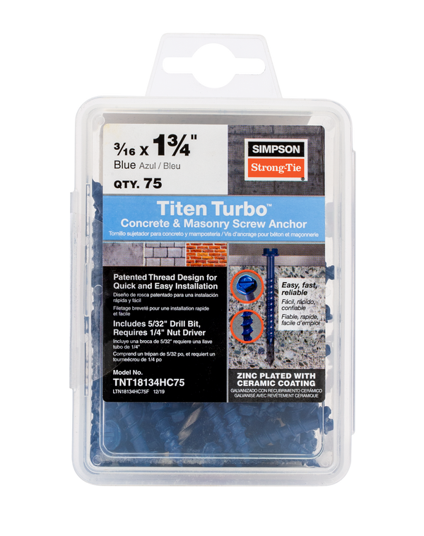 Simpson TNT18134HC75 Titen Turbo — 3/16 in. x 1-3/4 in. Hex-Head Concrete and Masonry Screw, Blue 75-Qty