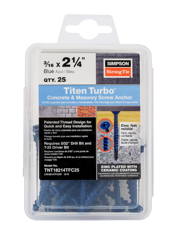 Simpson TNT18214TF Titen Turbo — 3/16 in. x 2-1/4 in. 6-Lobe Flat-Head Concrete and Masonry Screw, Blue 100-Qty