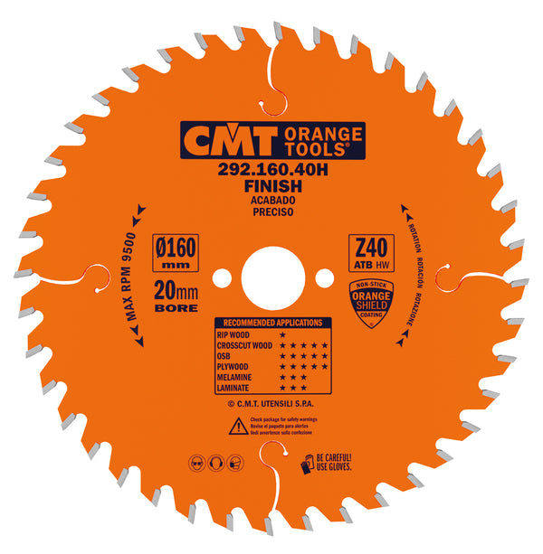 CMT Orange Tools 292.160.40H FINE FINISH 160x0.087”/0.062”x20mm   T=40 ATB