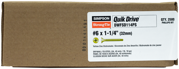 Simpson DWFSD114PS DWFSD Drywall-to-CFS Screw Collated — #6 x 1-1/4 in. #2 Phillips, Yellow Zinc 2500-Qty