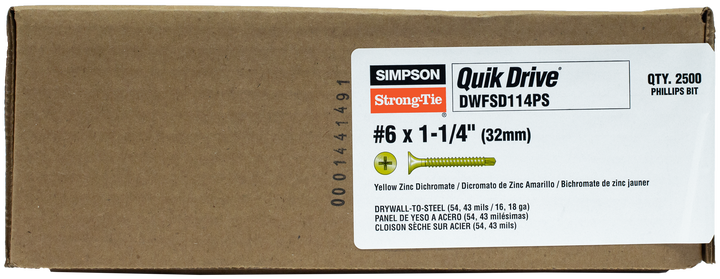 Simpson DWFSD114PS DWFSD Drywall-to-CFS Screw Collated — #6 x 1-1/4 in. #2 Phillips, Yellow Zinc 2500-Qty