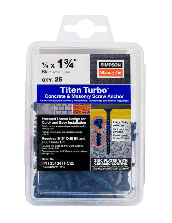 Simpson TNT25134TFC25 Titen Turbo — 1/4 in. x 1-3/4 in. 6-Lobe Flat-Head Concrete and Masonry Screw, Blue 25-Qty