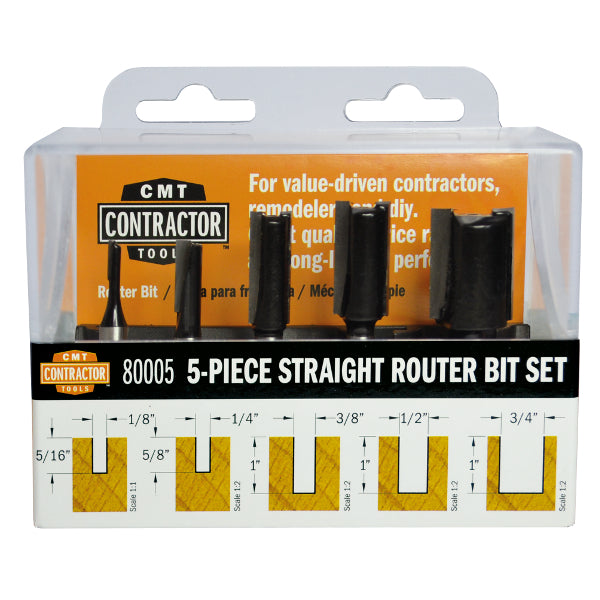 CMT Orange Tools 80005 CMT CONTRACTOR Z2 S=1/4” D=1/8”-1/4”-3/8”-1/2”-3/4”  (5-PCS.)