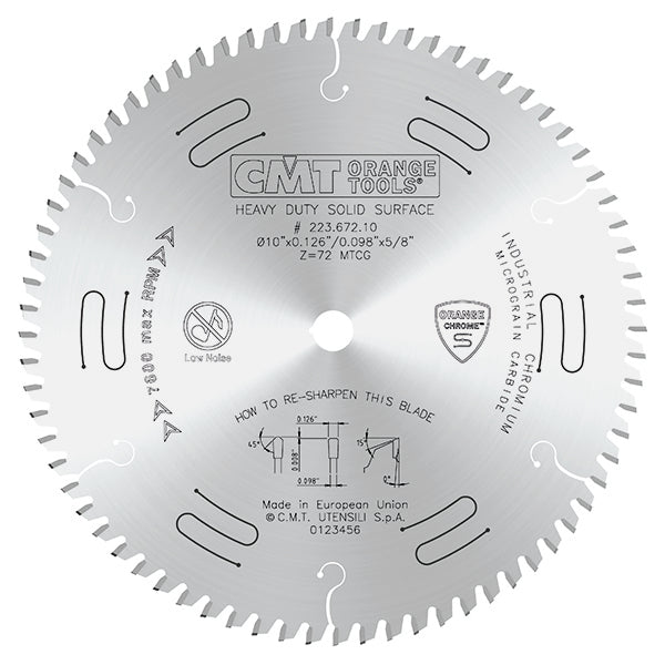 CMT Orange Tools 223.672.10 HEAVY-DUTY SOLID SURFACE & LAMINATE 10”x0.126”x5/8’’  T=72 MTCG