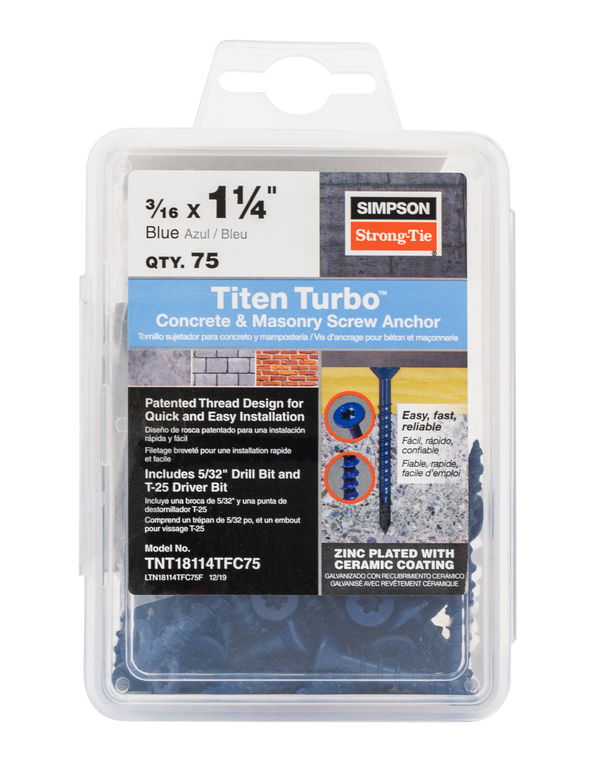 Simpson TNT18114TFC75 Titen Turbo — 3/16 in. x 1-1/4 in. 6-Lobe Flat-Head Concrete and Masonry Screw, Blue 75-Qty