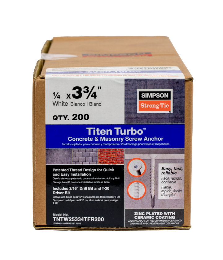 Simpson TNTW25334TFR200 Titen Turbo — 1/4 in. x 3-3/4 in. 6-Lobe Flat-Head Concrete and Masonry Screw, White 200-Qty