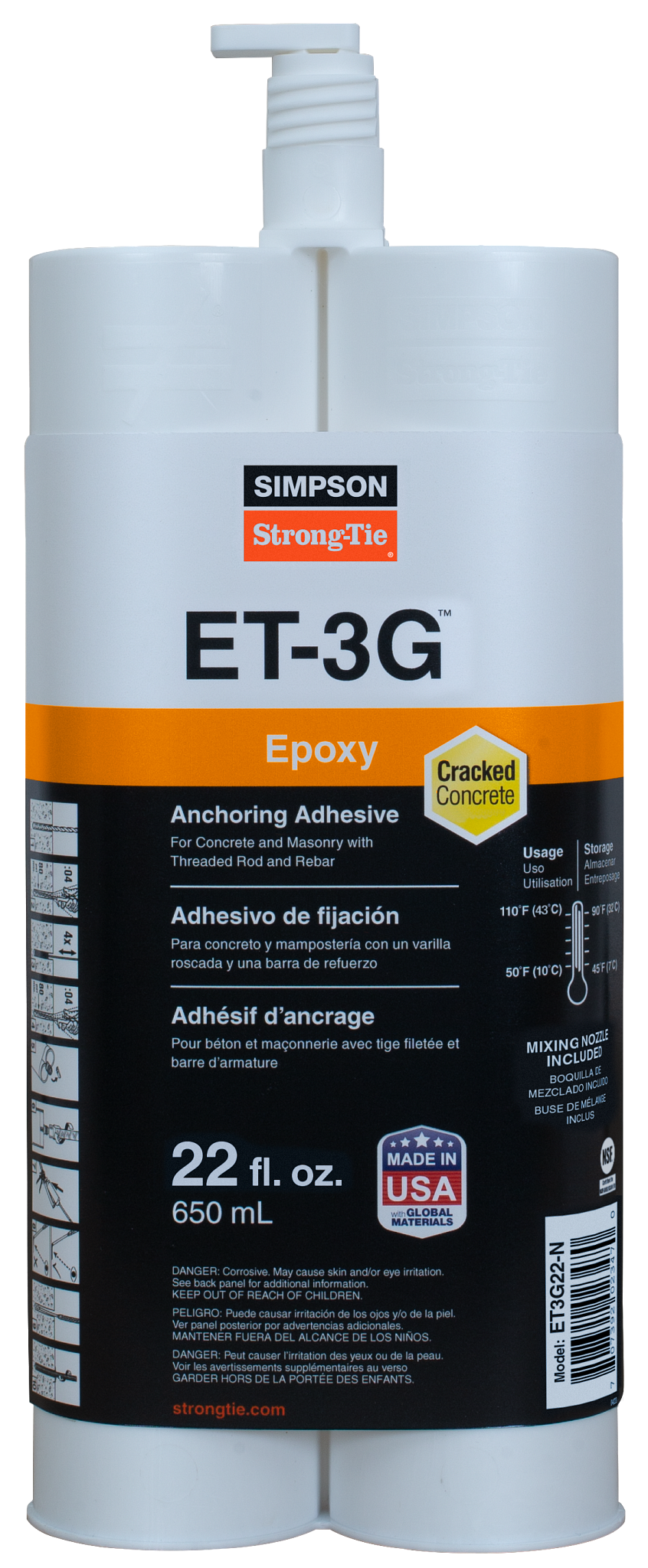 Simpson ET3G22-N ET-3G 22-oz. Epoxy Adhesive Cartridge w/ Nozzle and Extension