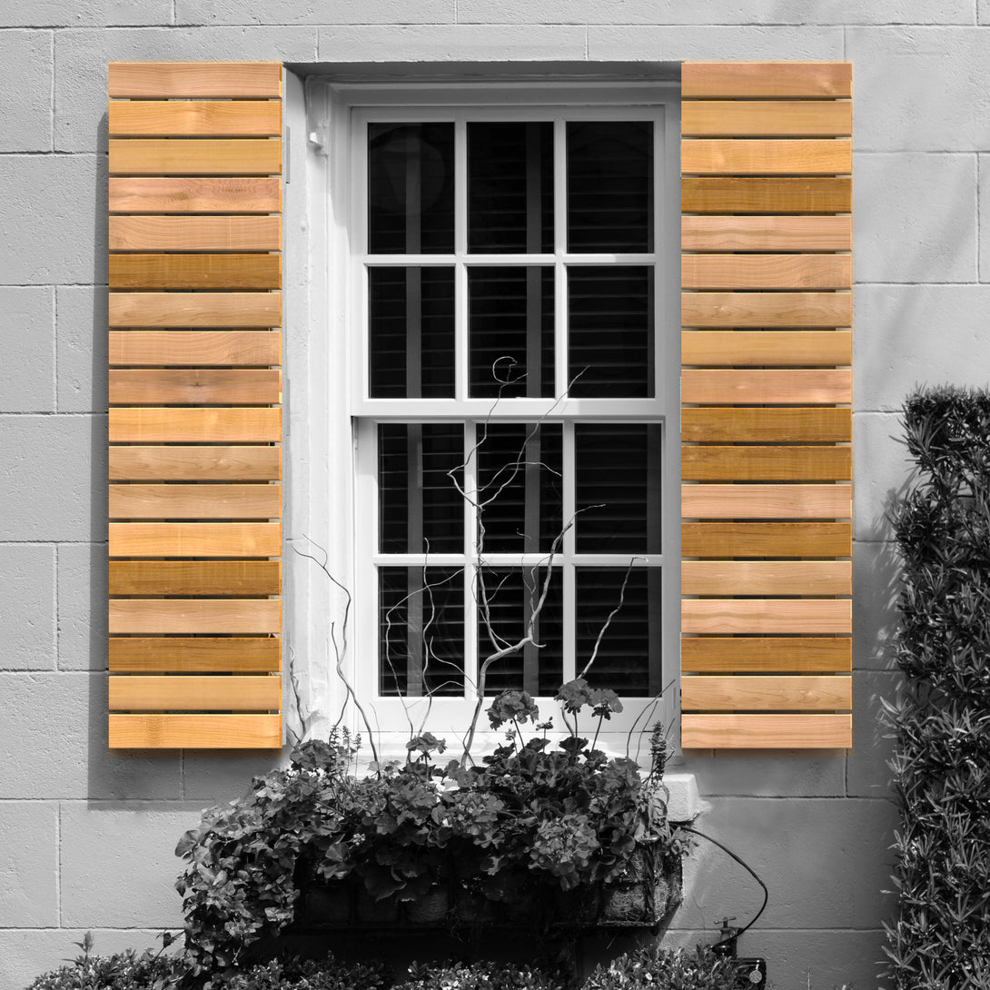 Design Craft Millworks 400227 15 in. x 36.750 in. Horizontal Natural Cedar Board-N-Batten Shutters Pair - 3 in. Board