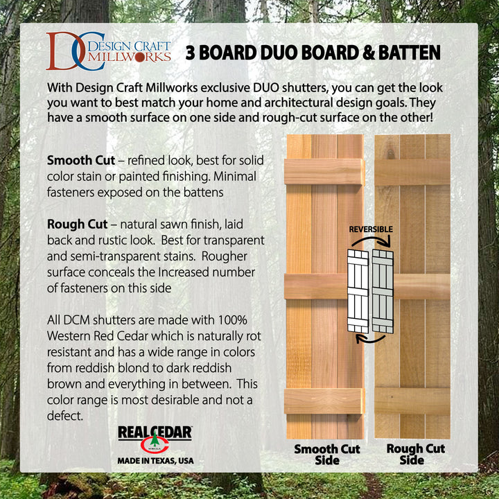 Design Craft Millworks 400228 15 in. x 36 in. 3 Board DUO Natural Cedar Board-N-Batten Shutters Pair