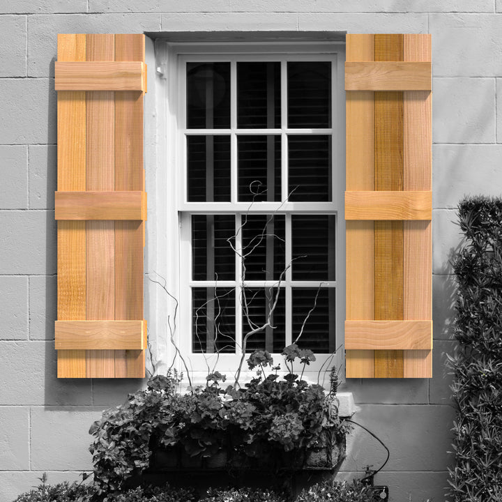 Design Craft Millworks 400228 15 in. x 36 in. 3 Board DUO Natural Cedar Board-N-Batten Shutters Pair