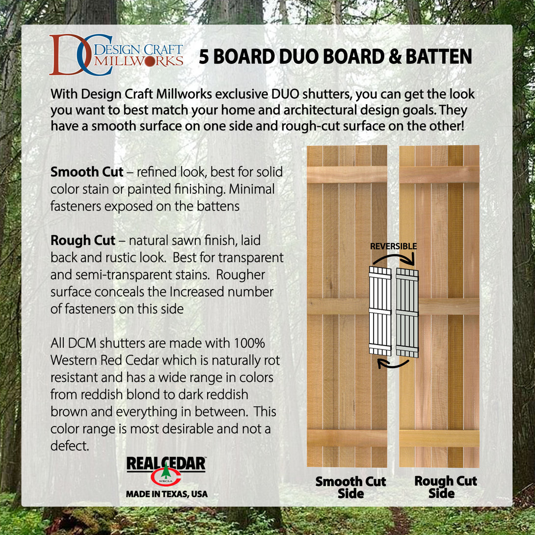 Design Craft Millworks 400229 15 in. x 36 in. 5 Board DUO Natural Cedar Board-N-Batten Shutters Pair