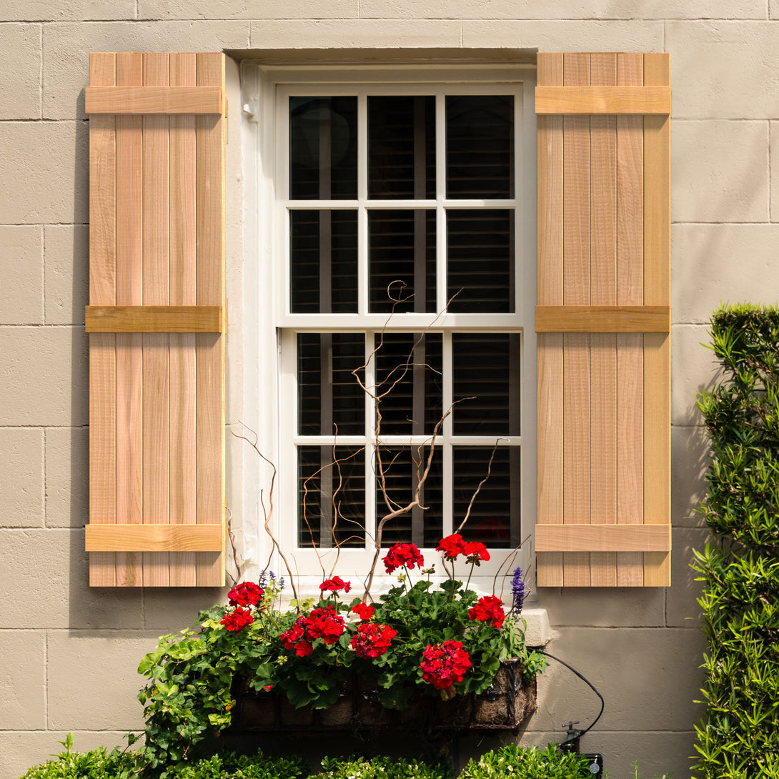 Design Craft Millworks 400229 15 in. x 36 in. 5 Board DUO Natural Cedar Board-N-Batten Shutters Pair