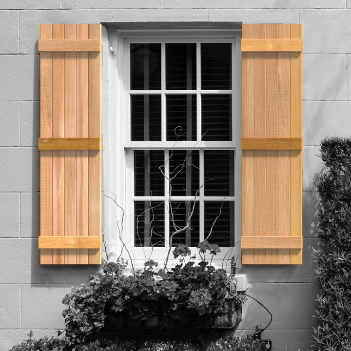 Design Craft Millworks 400229 15 in. x 36 in. 5 Board DUO Natural Cedar Board-N-Batten Shutters Pair