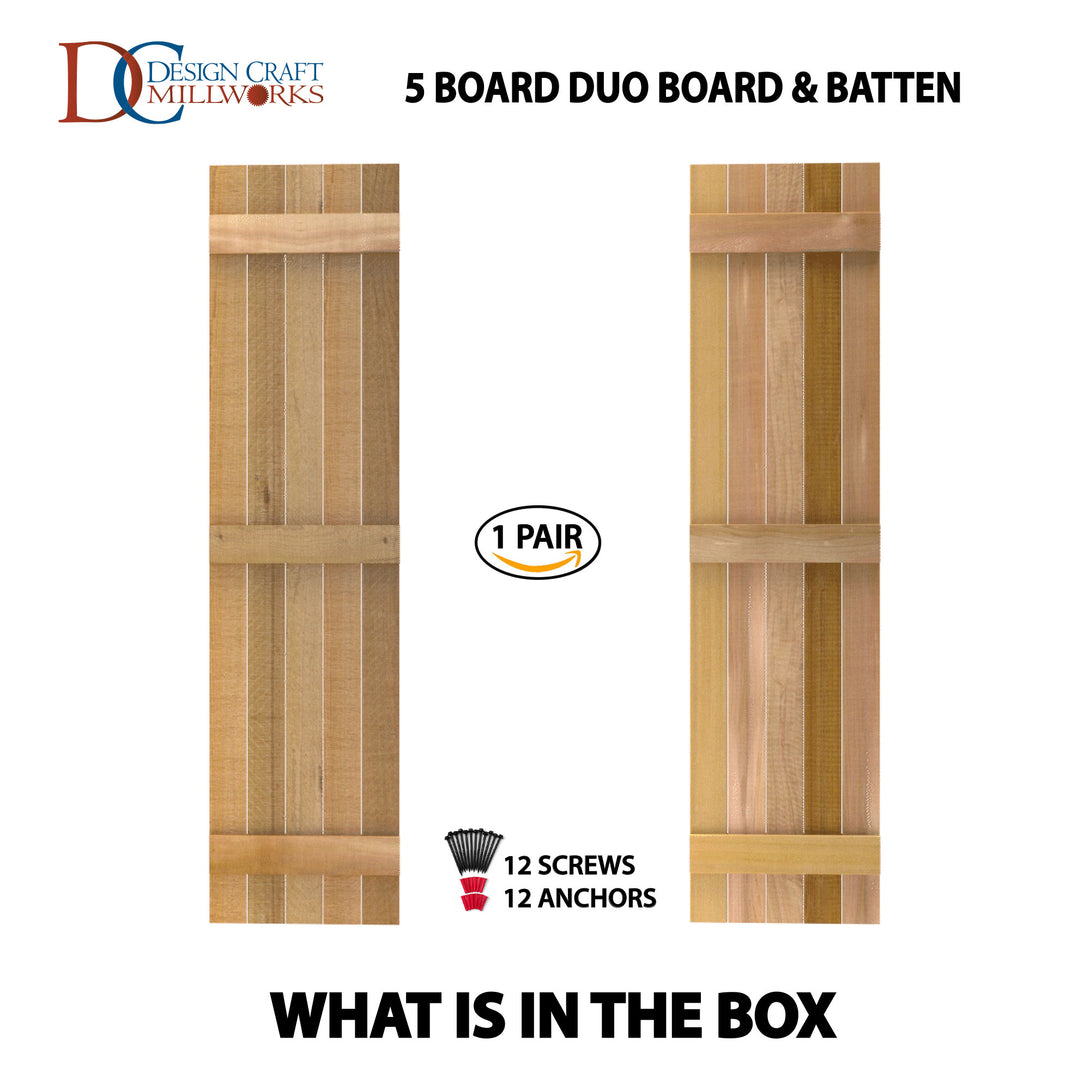 Design Craft Millworks 400229 15 in. x 36 in. 5 Board DUO Natural Cedar Board-N-Batten Shutters Pair