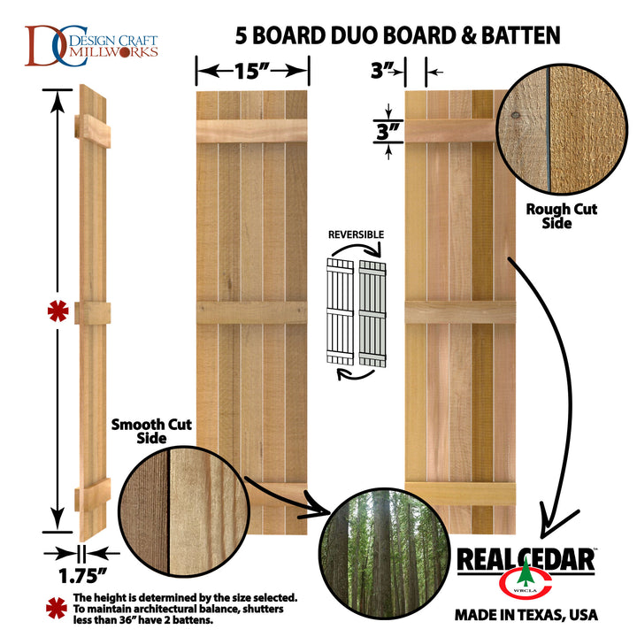 Design Craft Millworks 400229 15 in. x 36 in. 5 Board DUO Natural Cedar Board-N-Batten Shutters Pair