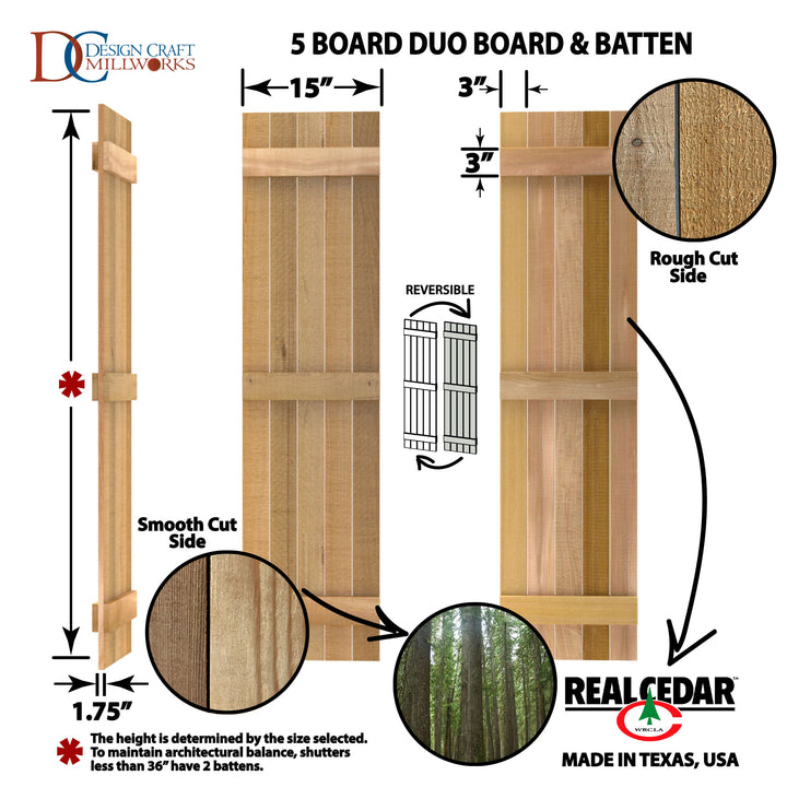 Design Craft Millworks 400259 15 in. x 39 in. 5 Board DUO Natural Cedar Board-N-Batten Shutters Pair