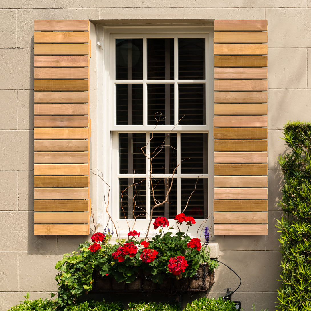 Design Craft Millworks 400267 15 in. x 43.500 in. Horizontal Natural Cedar Board-N-Batten Shutters Pair - 3 in. Board