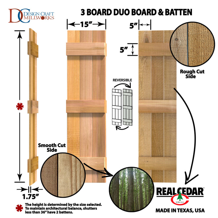 Design Craft Millworks 400298 15 in. x 52 in. 3 Board DUO Natural Cedar Board-N-Batten Shutters Pair