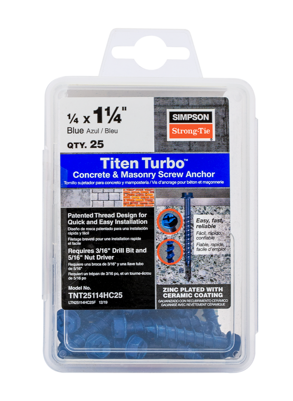 Simpson TNT25114HC25 Titen Turbo — 1/4 in. x 1-1/4 in. Hex-Head Concrete and Masonry Screw, Blue 25-Qty