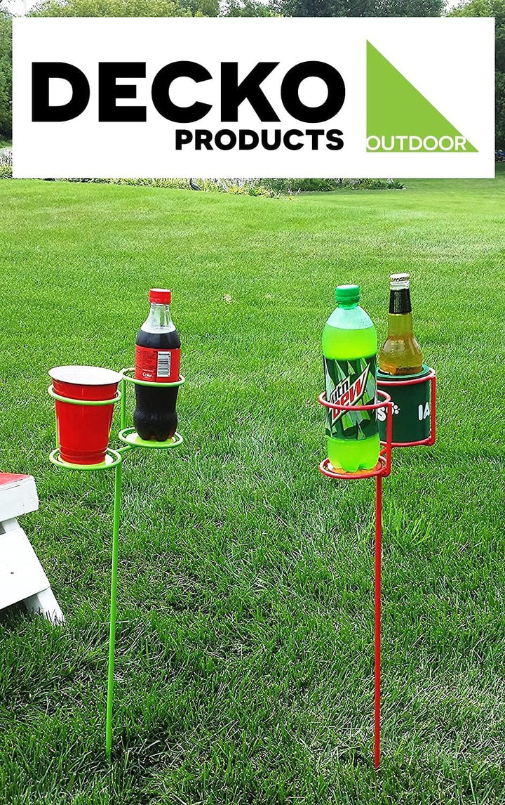 Decko Products 30253 Outdoor Heavy Duty Double Beverage Holder Stakes, Green and Red, 2-Pack