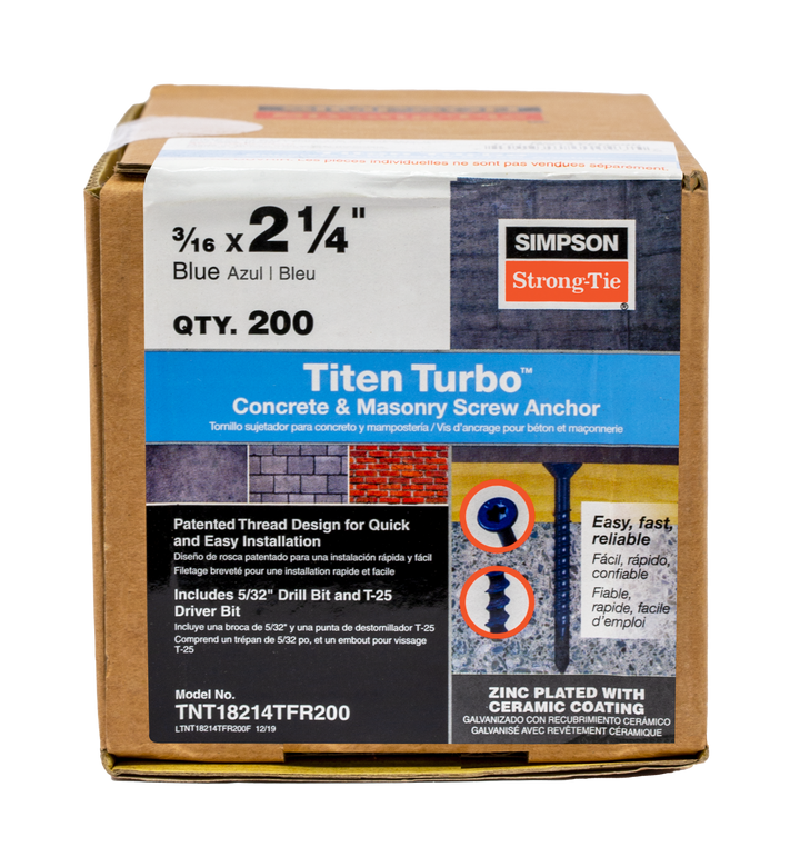 Simpson TNT18214TF Titen Turbo — 3/16 in. x 2-1/4 in. 6-Lobe Flat-Head Concrete and Masonry Screw, Blue 100-Qty