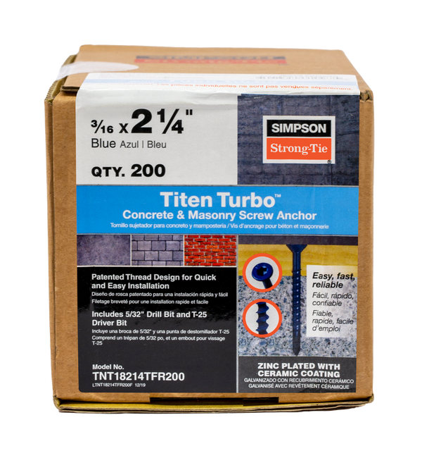 Simpson TNT18214TFR200 Titen Turbo — 3/16 in. x 2-1/4 in. 6-Lobe Flat-Head Concrete and Masonry Screw, Blue 200-Qty