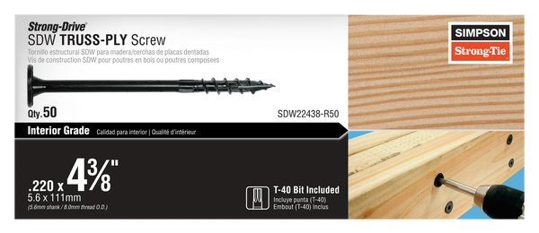 Simpson SDW22438-R50 Strong-Drive SDW TRUSS-PLY Screw — .220 in. x 4-3/8 in. T40 6-Lobe E-coat 50-Qty